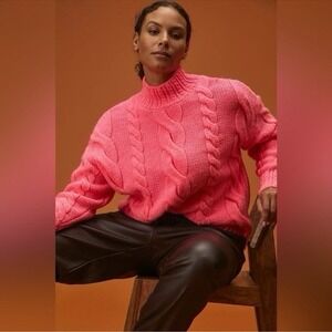Anthropologie Mock Neck Cable Knit Sweater Neon Pink Chunky Oversized Size S EUC
